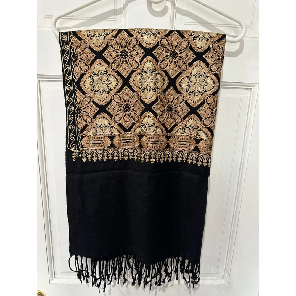 Black Kashmiri Tilla Embroidered Pashmina Shawl | Gold Embroidered Wrap